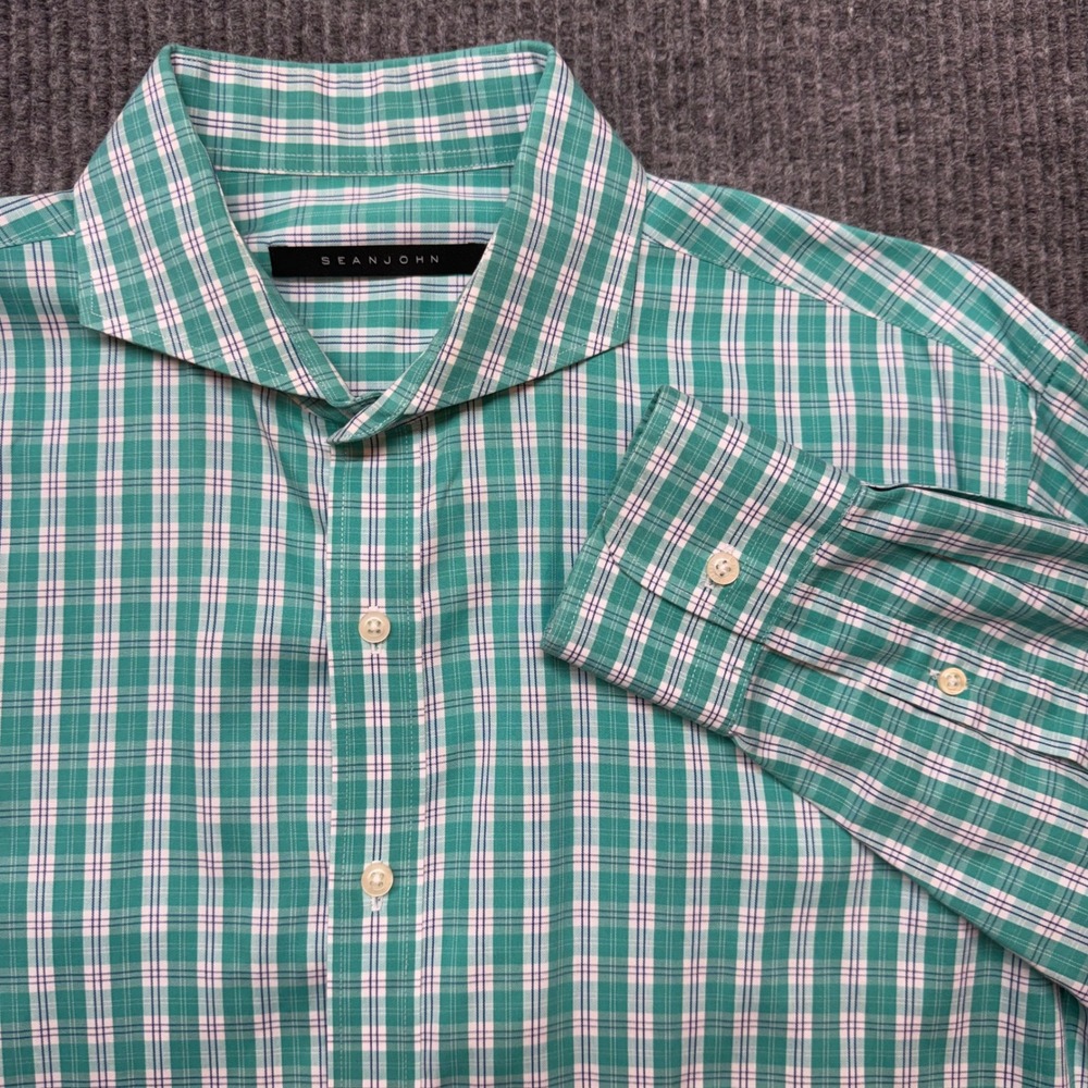 Sean John Dress Shirt Mens 16.5 34/35 Green White Plaid Button Down